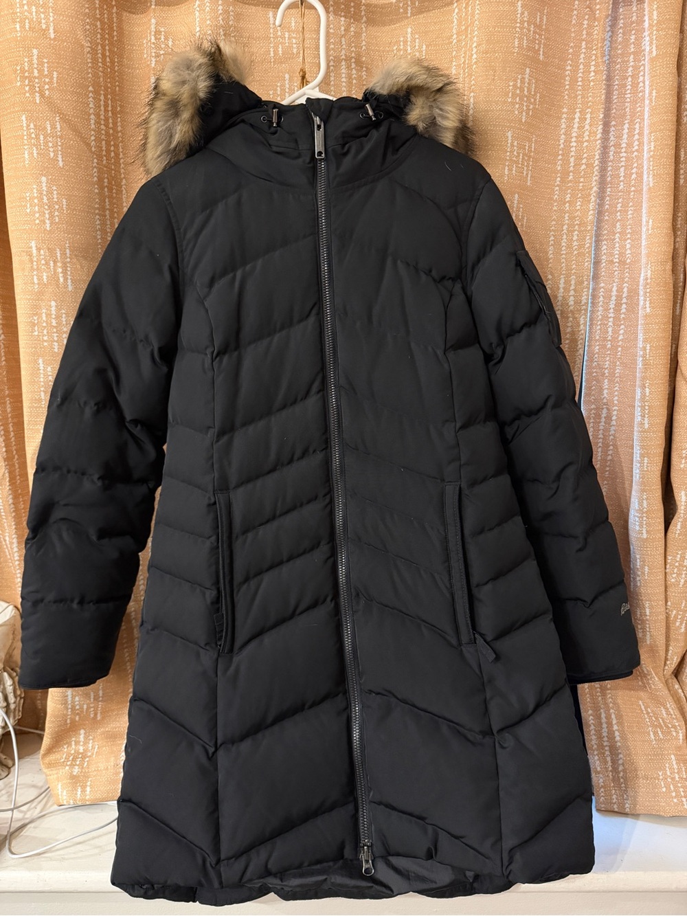 Eddie Bauer Black Hooded Puffer Coat with Faux Fur Trim
